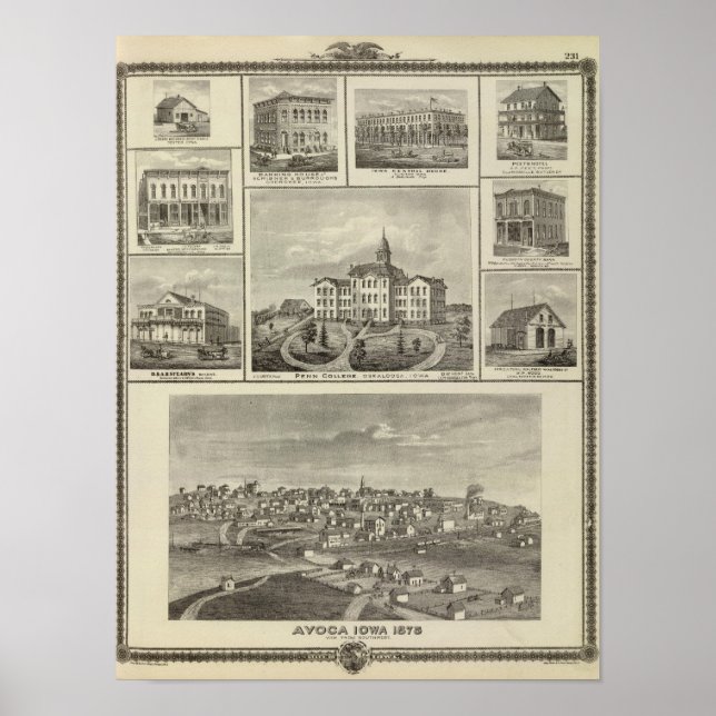 Pôster Avoca Penn College, edifícios Oskaloosa em Dexter (Frente)