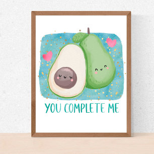 Poster Avocado Você Me Completou Amor Kawaii Watercolor