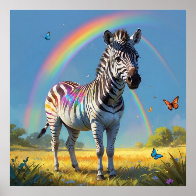 Poster Awesome Zebra in Wild with Rainbow and Butterflies (Frente)