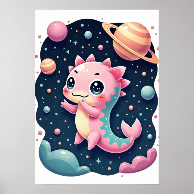 Poster Axolote Cósmico Aventura Espacial Galáctica Kawaii (Frente)