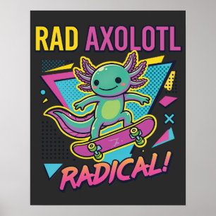 Poster Axolote de skate radical estilo retrô anos 90 neon