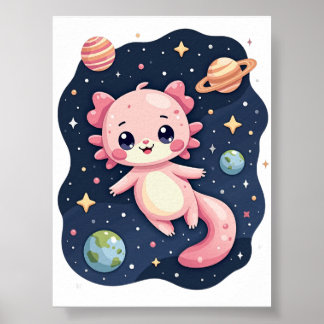 Poster Axolote Espacial Cósmico Galáxia Kawaii Adesivo
