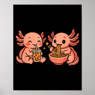 Poster Axolote Kawaii Fofo e Engraçado Comendo Macarrão R