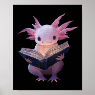 Poster Axolotl Bookworm Lendo Livro Engraçado Kawaii Gráf