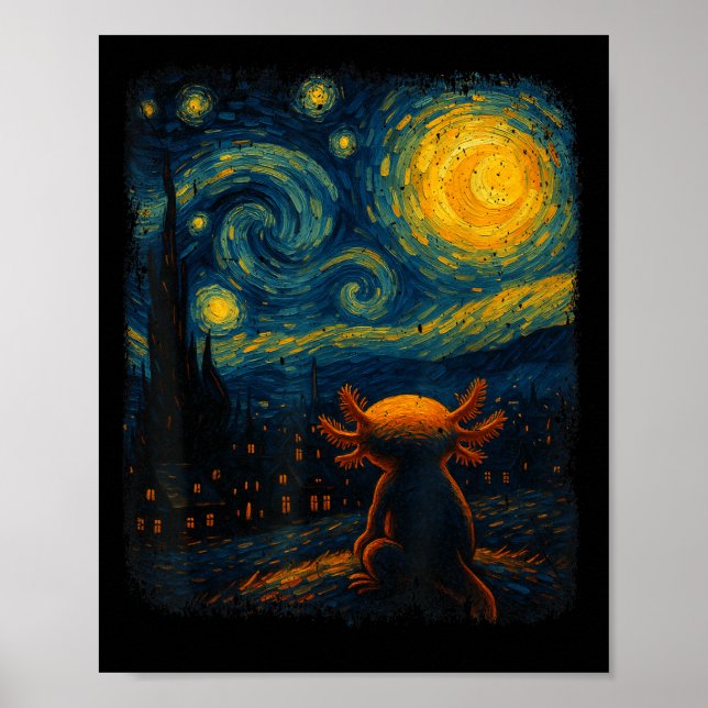 Poster Axolotl Starry Night Van Gogh Art Oferece Presente (Frente)