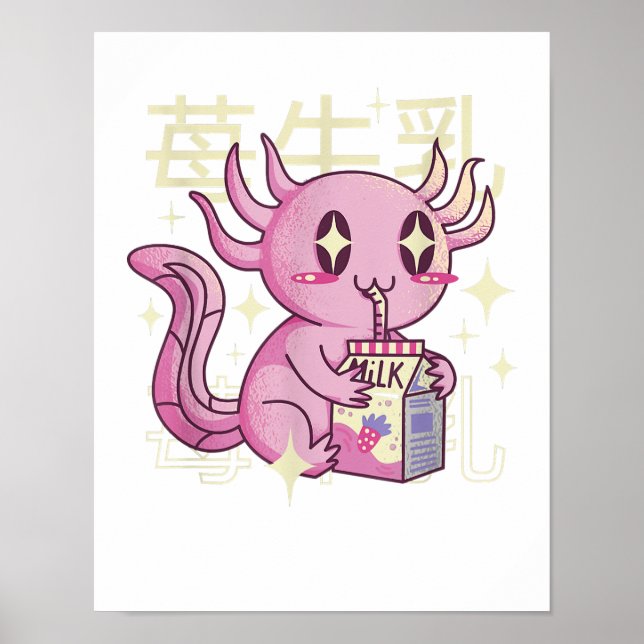 Poster Axolotl Strawberry Milk Japão Estilo Japonês Kawai (Frente)