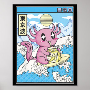 Poster Axolotl Surfista Bebendo Leite de Nana Kawaii Anim