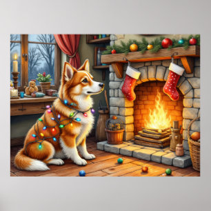 Poster Azawakh Sentado ao Lareira com Luzes de Natal