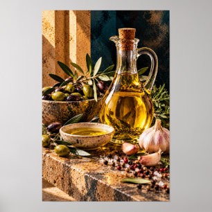 Poster Azeite de Oliva Dourado com Azeitonas e Alho – Rús