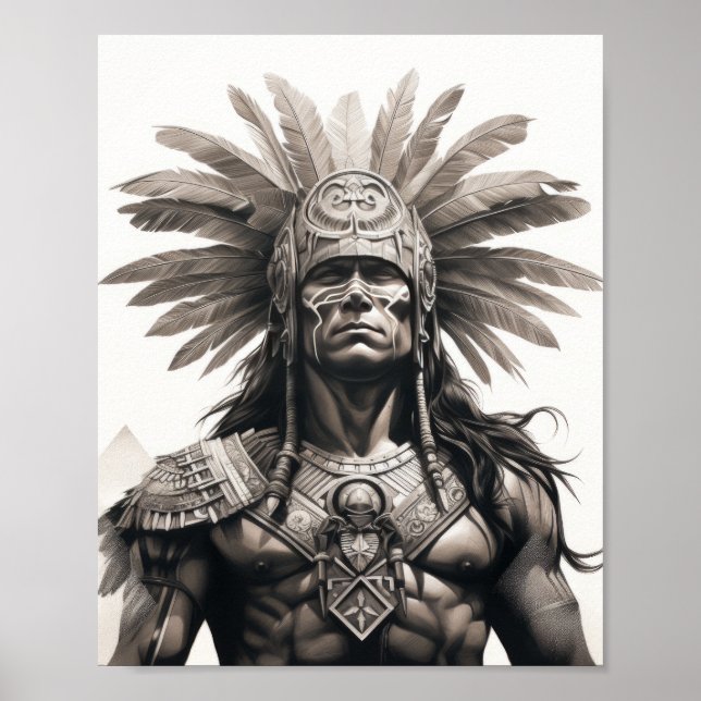 Poster Aztec Cinza e Preto Guerreiro em Branco em Segundo (Frente)