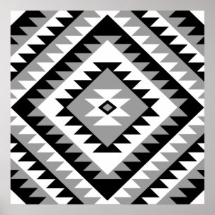 Poster Aztec Diamond Motif Design Black White Cinza