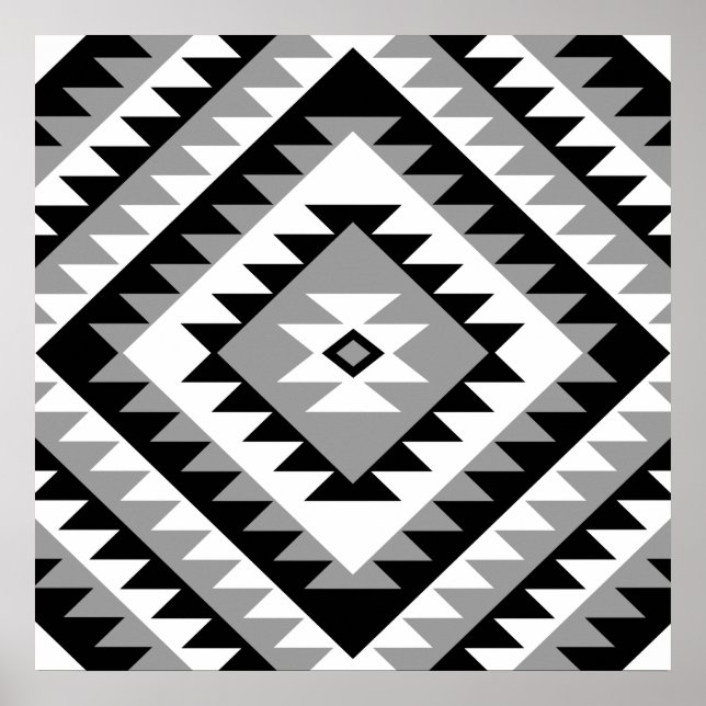 Poster Aztec Diamond Motif Design Black White Cinza (Frente)