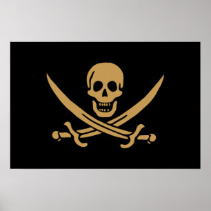 Poster Aztec Dourado Crânio e Cutlass Pirata Calico Jack