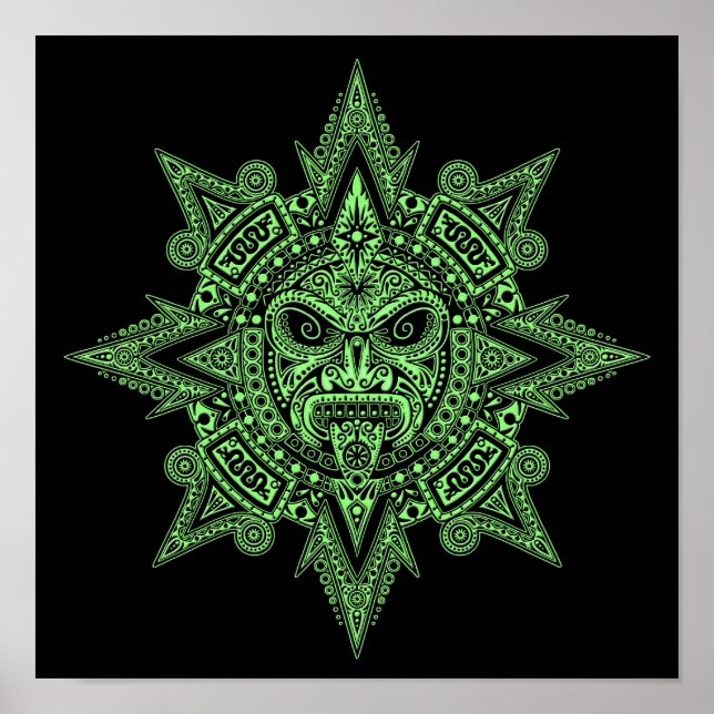 Poster Aztec Sun Mask Green em preto (Frente)
