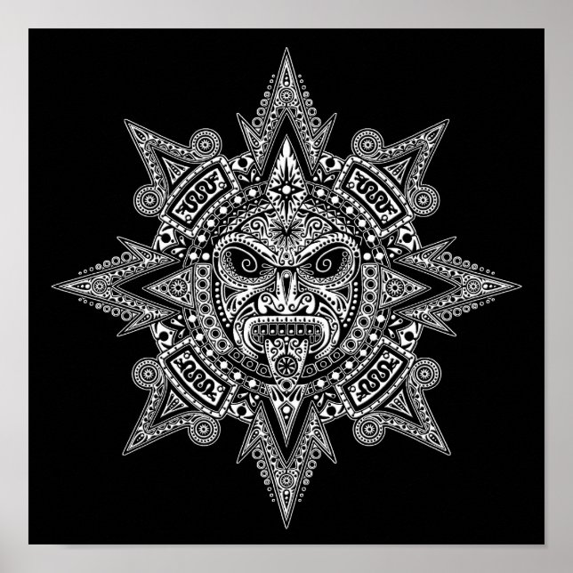 Poster Aztec Sun Mask White em Preto (Frente)