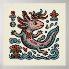 Poster Azteca Axolote Xolotl pedra erodida arte tribal bo