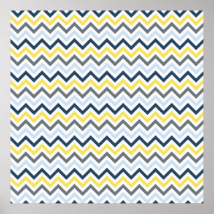 Poster Azuis marinhos, Chevron azul, amarelo, e cinzento