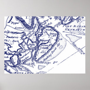Pôster Azuis marinhos do mapa do vintage do SC de Hilton