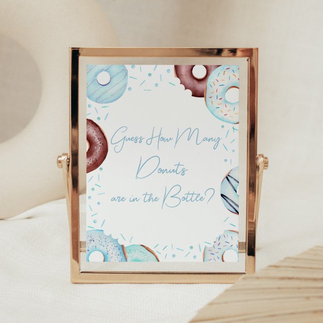 Poster Azul adivinha quantas Rosquinhas estão no frasco (Donuts and Diapers Baby Shower Guess How Many Donuts are in the Bottle Sign)