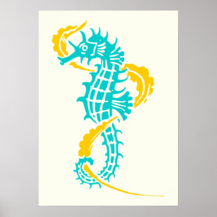 Pôster Azul, amarelo e alga de turquesa do cavalo marinho