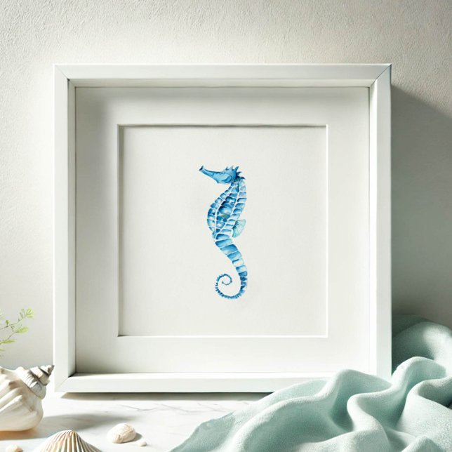 Poster Azul-aquarela (Watercolor paintings by Victoria Grigaliunas seahorse print in shades of blue.)