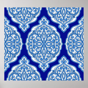 Poster Azul-branco-luxo, ornamento turco.