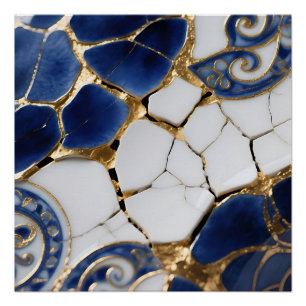 Pôster Azul Branco Ouro Kintsugi Porcelana Mosaico