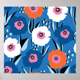 Poster Azul Branco Vermelho: Escandinavo Floral.