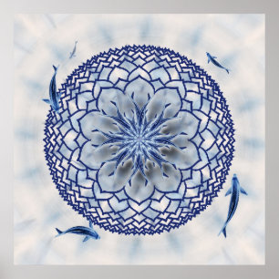 Poster azul da mandala de Koi Lotus