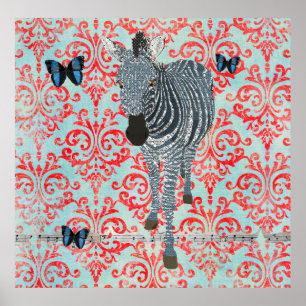 Poster azul da zebra de Boho & do damasco das