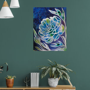 Poster Azul Dahlia Marinho artesanal Floral Aquarela