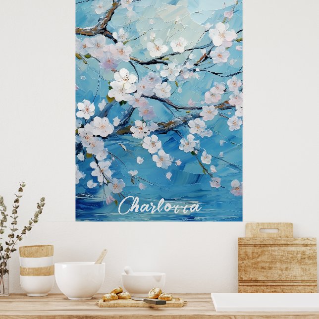 Poster Azul de Flor de Cereja Personalizado (Cozinha)