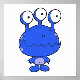 Pôster azul de monstro feliz de três olhos