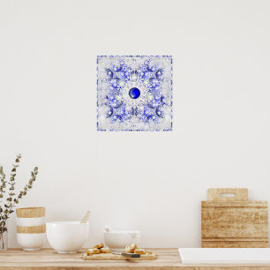 Poster Azul de rendas cerâmicas de Grécia e floco de neve