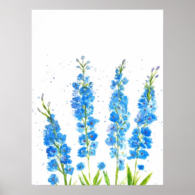 Poster Azul delfinium floral aquarela elegante (Frente)