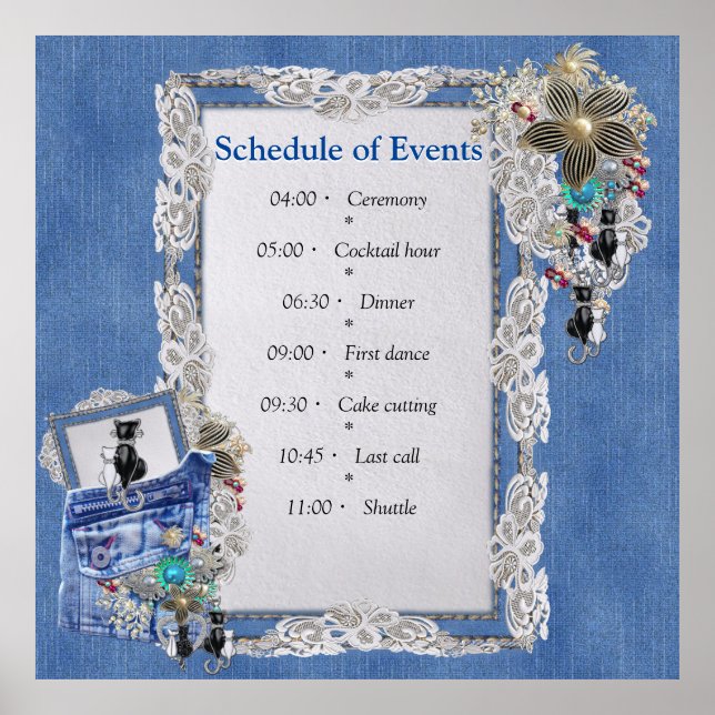 Poster Azul Denim, rendas, Joias de Costume e Kittens (Frente)