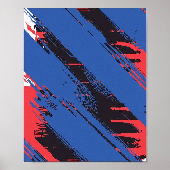 Poster Azul Diagonal, textura de pincel preta e vermelha (Frente)