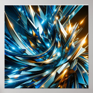 Poster Azul Dourado Futurista Abstrato Metálico Geométric