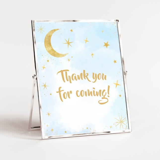 Poster Azul Dourado sobre o bebê da Lua Obrigado por vir (Moon and Stars Baby Shower Thank you for Coming Sign)