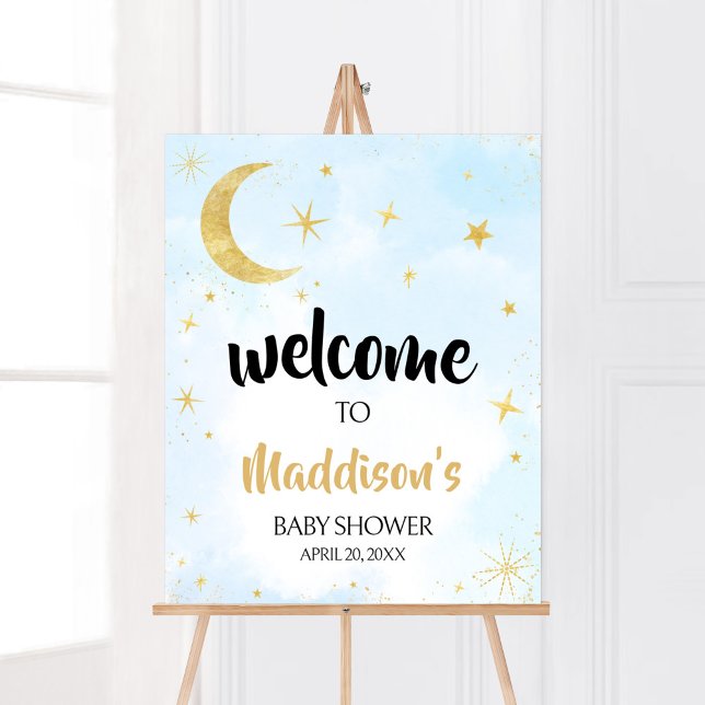 Poster Azul Dourado Sobre O Chá de fraldas Da Lua Bem-Vin (Moon and Stars Baby Shower Welcome Sign)