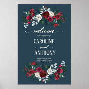 Poster Azul Dusty Sinal de Boas-vindas Burgundy Bloom