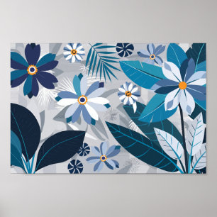 Poster Azul e Branco Modernos com Folhas Geométricas
