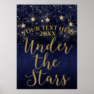 Poster Azul e Dourado sob as Estrelas Festa Noturna Estre