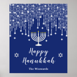 Poster Azul e Silver String Luzes Felizes Hanukkah