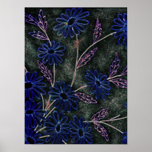 Pôster azul em decoração floral preta
