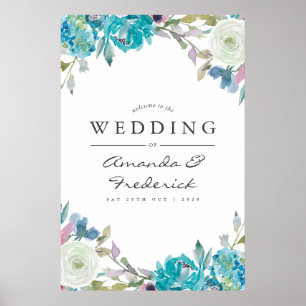 Poster Azul Empoeirado e Floral Turquesa de Boas-Vindas d