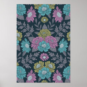 Poster Azul Escuro, Verde e Floral Púrpura