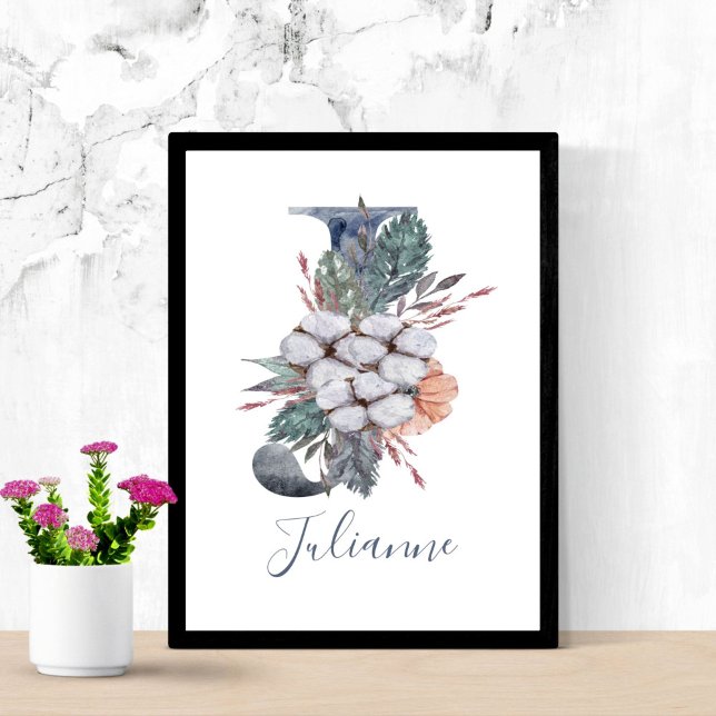 Poster Azul Floral Watercolor Monograma J Nome (Blue White Peach Watercolor Floral Monogram J Personalized Name Wall Art)