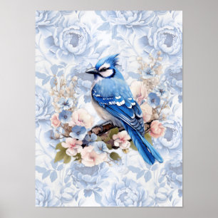 Poster Azul Jay com Floral Azul Centáurea e Rosa Cor-de-R
