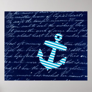 Poster azul listrado náutico da arte da âncora